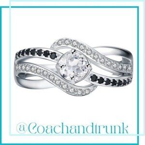 925 Sterling Hallmark Bypass Black Spinel and Diamond CZ Ring